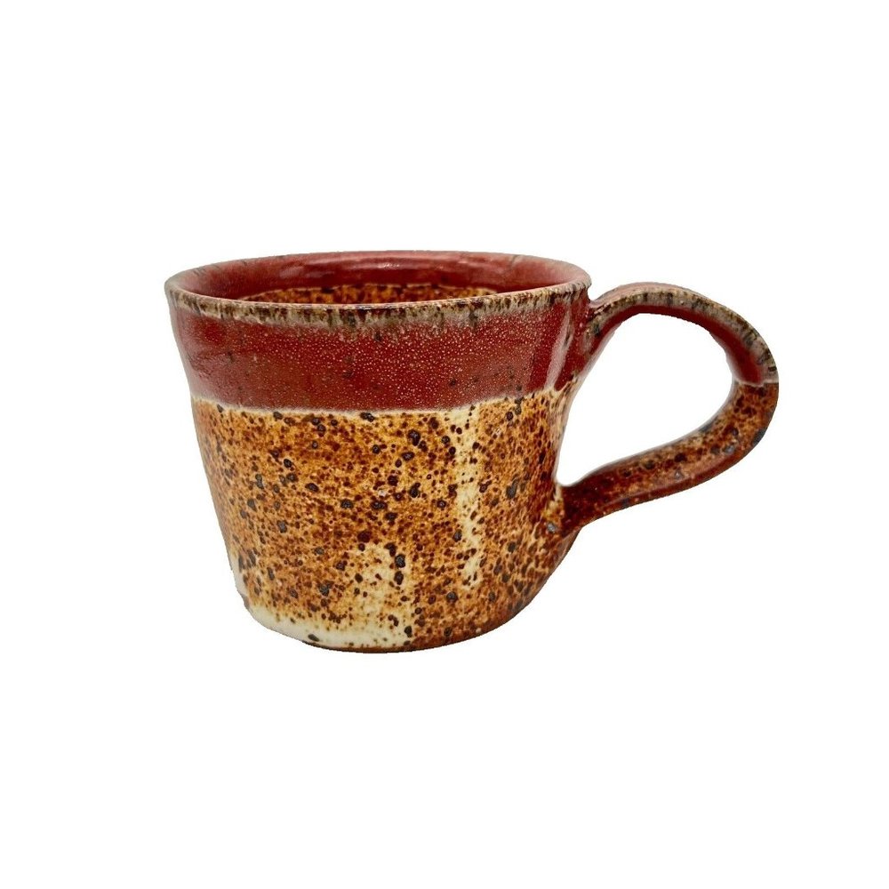 Studio Pottery Coffee Mug Red Orange White Glaze Brown Speckled Clay Base - Picture 2 of 6
